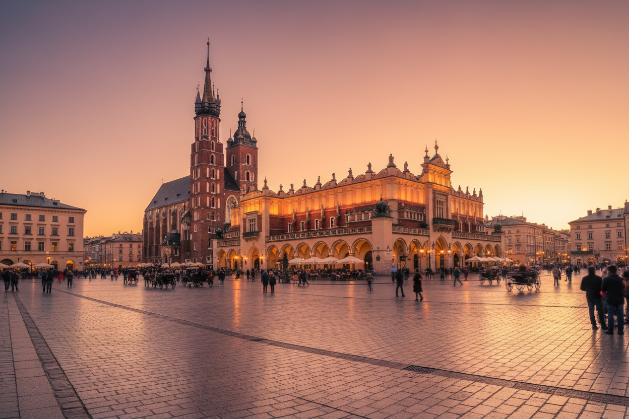 La Plaza del Mercado de Cracovia con la Basílica de Santa María y la Lonja de los Paños bajo la luz del atardecer.